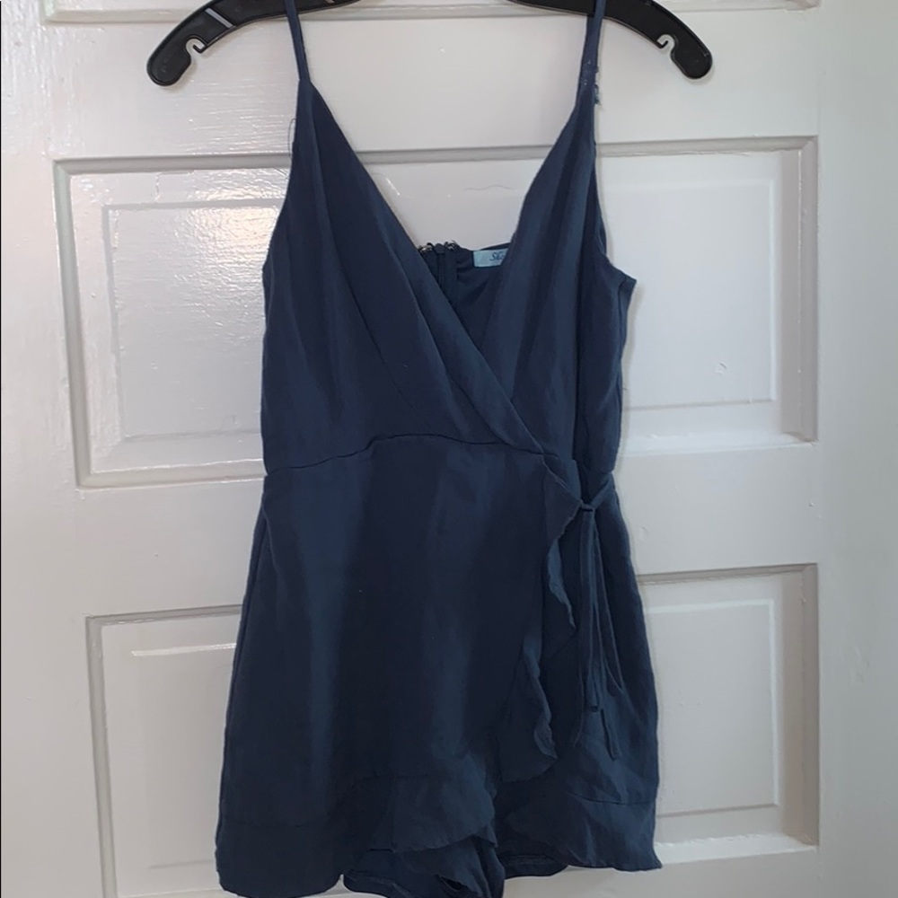 Blue tie front romper